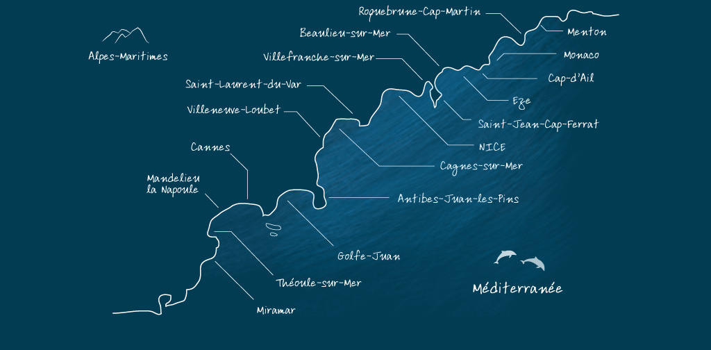 Carte du littoral de la Côte d'Azur, de Menton à Miramar en passant par Nice, Antibes et Cannes